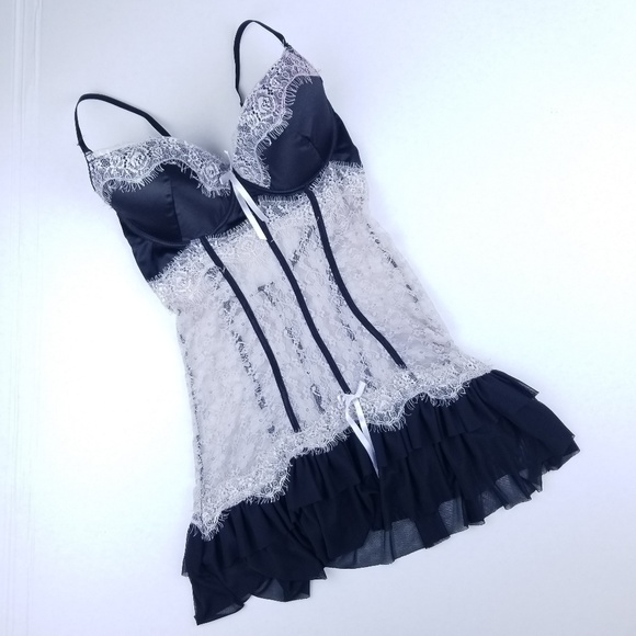 Unknown Other - Lace Skirted Teddy Top 38C Sexy Black Pink